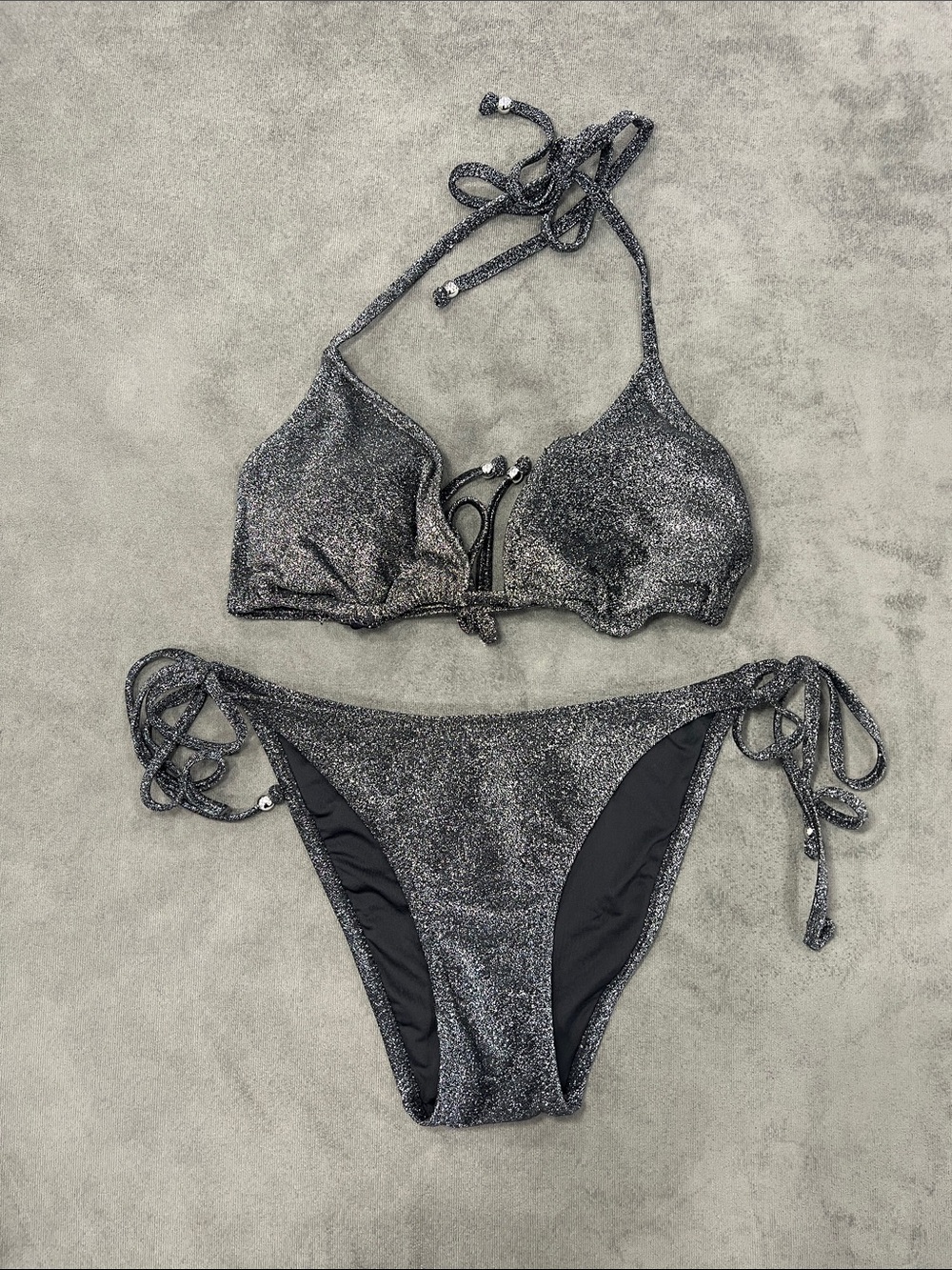 Love & Sports Glittery Black &Silver Triangle Tie-Side Bikini Set MEDIUM